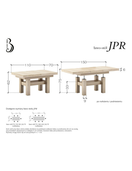 BOMAR MEBLE ŁAWO-STÓŁ JPR 70x110-150